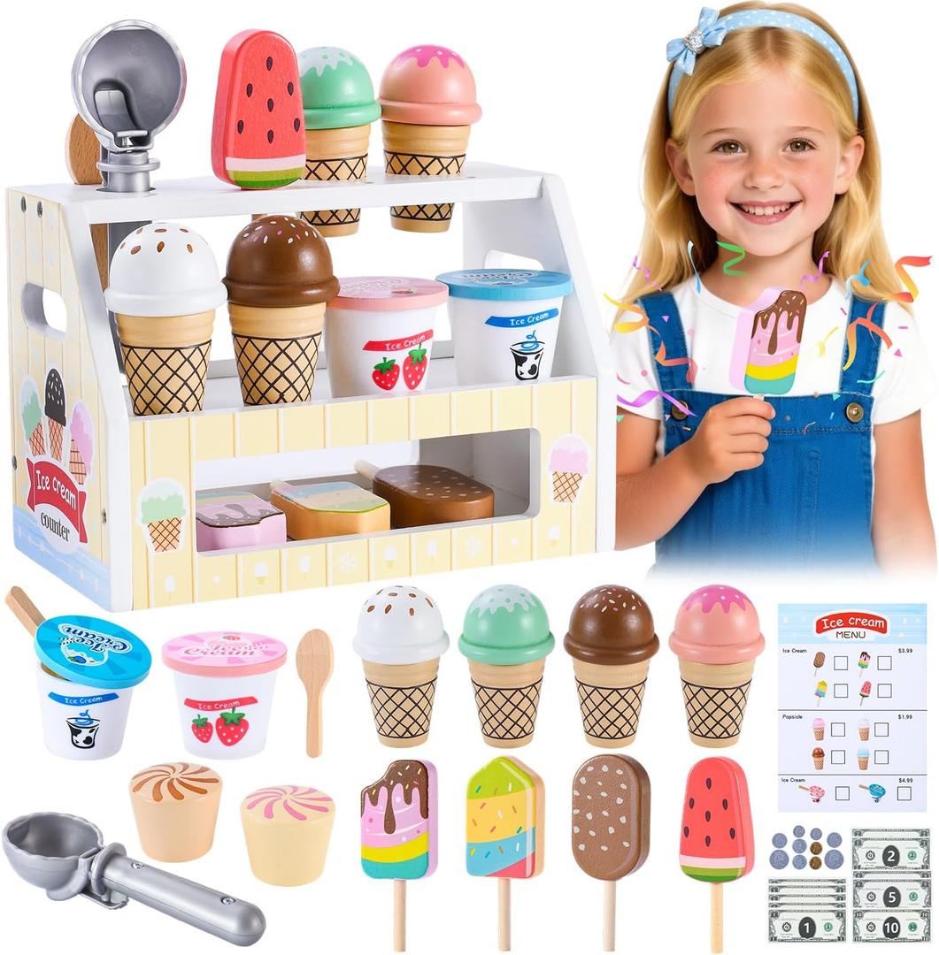 Mini Wooden Ice Cream Toys for Kids Pretend Play Kitchen Food Toys, Counter Shop Playset for Toddlers with Scoop & Menu & Fake Money for 3 4 5 6 Year Old Girls Boys Christmas Birthday Gifts