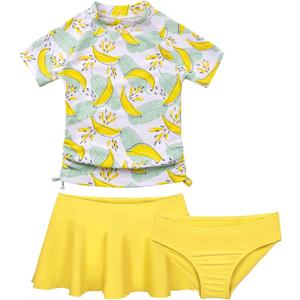 Cadocado Girls Rash Guard Swimwear 3 Pieces Bathing Suit UPF 50+ Floral Swim Set Short Sleeve Swimsuit with Skirt (10 Years, Yellow)