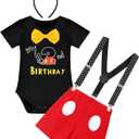 IMEKIS Baby Boys 1st 2nd Birthday Outfit Bowtie Romper with Suspenders Red Shorts Headband Sets Cake Smash Photo Shoot (Black)