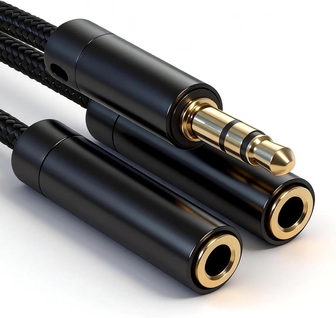 Headphone Splitter, Premium Gold Plated 3.5mm Aux Cable Y Audio Splitter, Nylon Braided Stereo Dual Headphone Jack Cord 1 in 2 Way Out Headset Splitter for PC, Phones, Switch, Tablet
