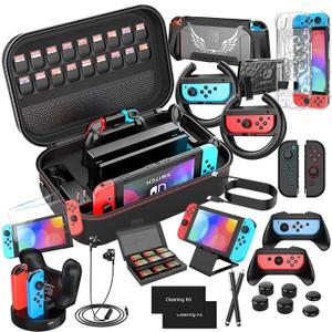 Switch Accessories Bundle 28 in 1 for Nintendo Switch, Switch Christmas Gift Kit with Large Carrying Case, Dockable Protective, Screen Protector, Game Cards Case, Joycon Grip Cover