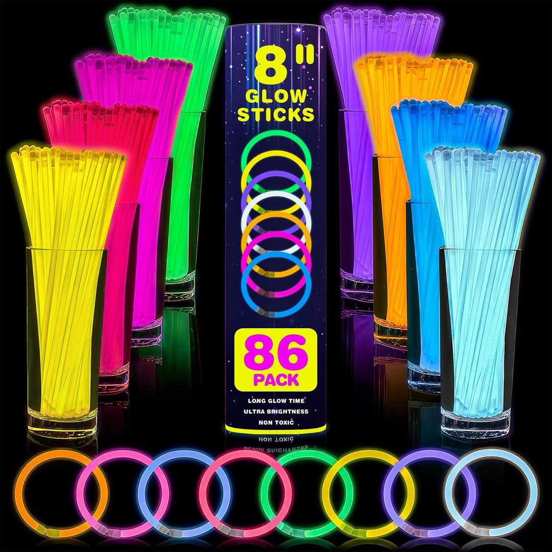 YixangDD 86 PCS Ultra Bright Glow Sticks, 8 Inch Glow Sticks Bulk Party Pack, Light Up Sticks for Glow Bracelets, Necklaces, Concerts, Christmas, Party Supplies with 86 Connectors