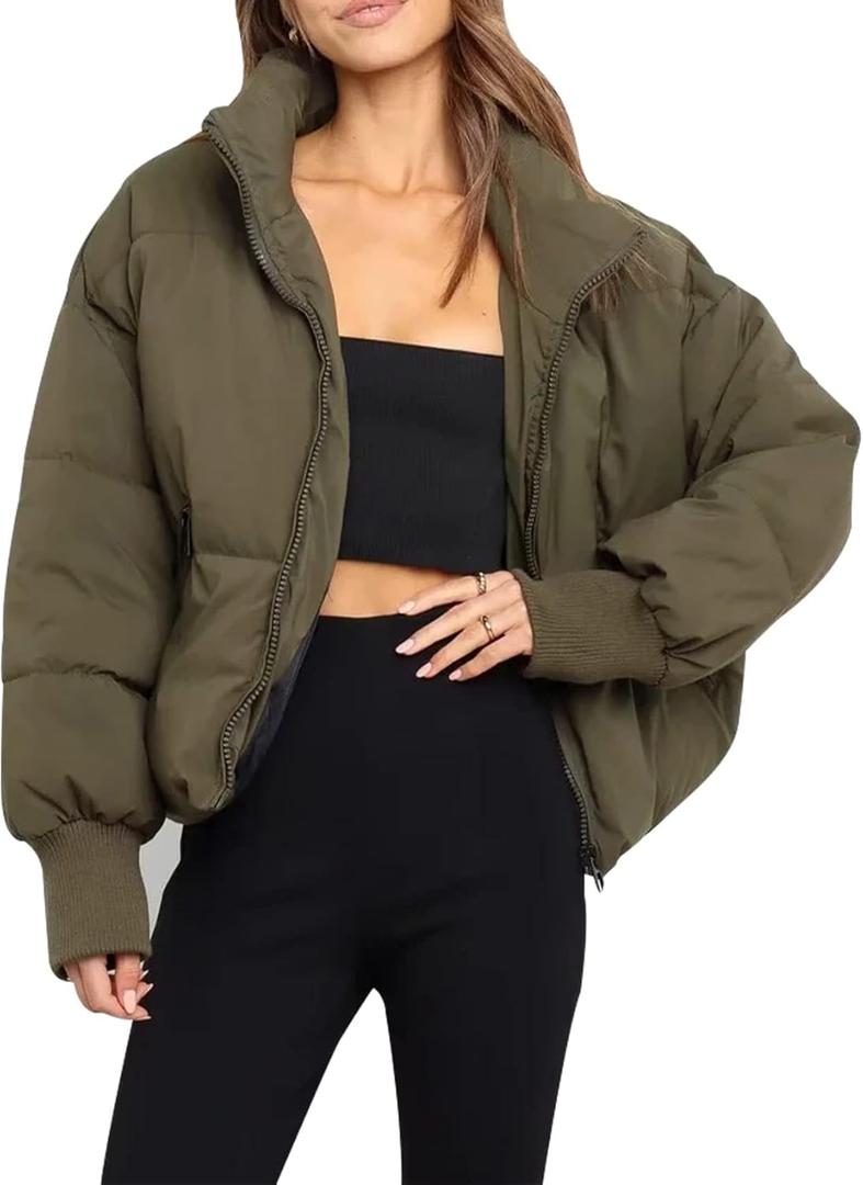 Gihuo Womens Winter Cropped Puffer Jacket Coat Short Warm Quilted Jacket 2026 (Large, Green)
