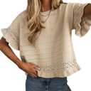 Yeokou Womens Short Sleeve Sweater Round Neck Ruffled Hem Knit Crochet Pullover Summer Fall Casual Top Blouse (Beige, XL)