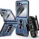 VEGO for Samsung Flip 6 Case with Belt Clip Holster, Hinge Protection Case with 360 Ring Kickstand & Camera Screen Protector Heavy Duty Protective Armor Cover for Galaxy Z Flip 6 - Blue
