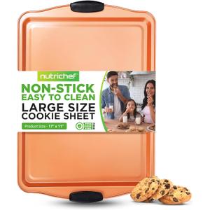 NutriChef Large Nonstick Cookie Sheet for Baking - 17" x 11" Carbon Steel Kitchen Oven Baking Pan, Premium Restaurant Grade Bakeware w/Black Silicone Handles - Easy to Clean, Copper
