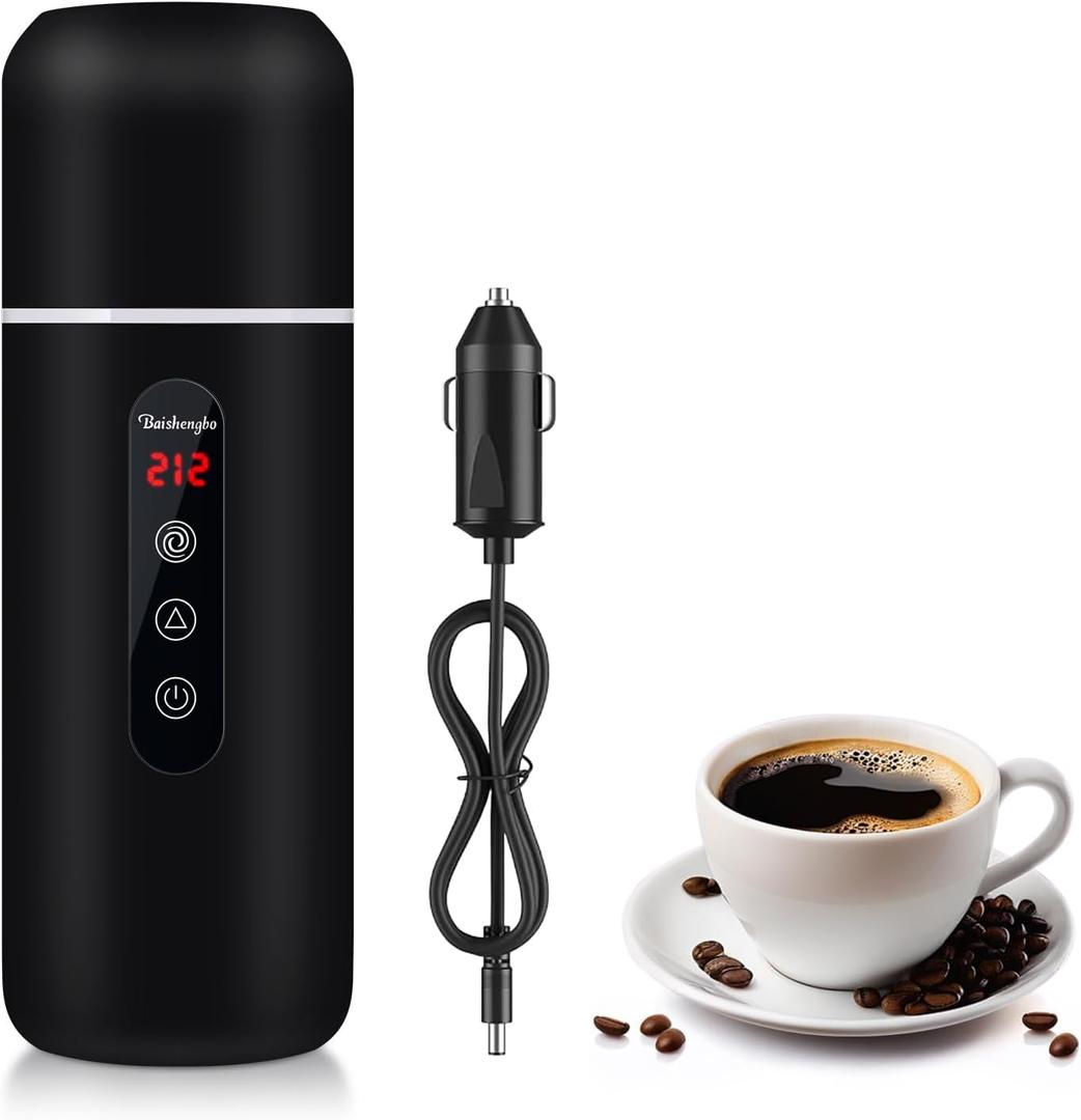 Car Kettle,Portable Electric Travel Kettle,12V/24V Car Coffee Warmer,420ML Hot Water Boiler,Small Hot Water Heater, Mini Hot Water Boiler with Built-in Magnetic Induction Stirring for Tea Coffee Milk (Black)