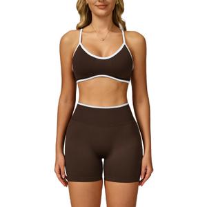 Workout Sets for Women 2 Piece Seamless Color Block Sports Bra High Waist Tummy Control Biker Shorts Gym Yoga Outfits (Small, Coffee)