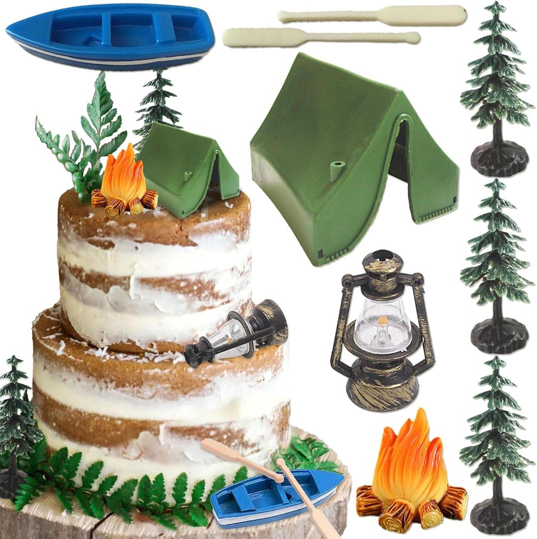 Camping Party Cupcake Toppers Deer Three Bear Tent Cupcake Picks Happy Camping Cake Decorations for Camping Party Supplies (Green1)