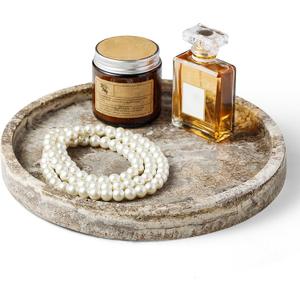 Round Marble Vanity Tray, Gray Travertine,Natural Marble Stone Decorative Tray for Counter, Bathroom, Kitchen, Dresser, Nightstand or Coffee Table, Home Decor(NS024)