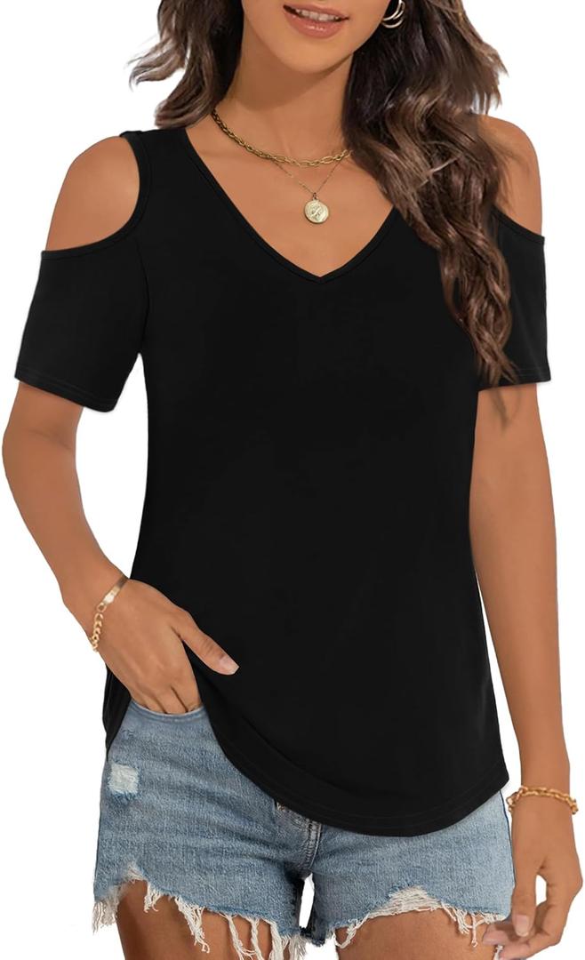 Elesomo Womens Cold Shoulder Tops Dressy Casual Short Sleeve Vneck T Shirt, Black M