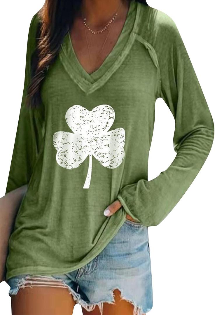 BOFETA Women St Patricks Day Sweatshirts Loose Long Sleeve Shirts Green Shamrock Print Blouse Flowy Color Block Pullover Tops (XXL)