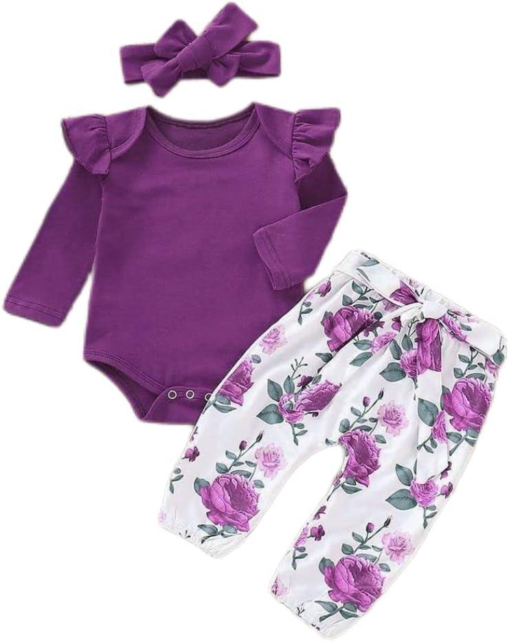 Newborn Baby Girl Clothes, Infant Girl Outfits Long Sleeve Ruffle Romper + Floral Pants + Headband Set (6-9 Months, Purple & White)