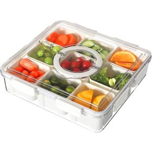 Taiuloo Divided Serving Tray with Airtight Lid and Handle, 9 Compartment Snackle Box Container, Portable Snack Platters, Clear Fridge Organizer & Food Storage for Veggie, Fruit, Charcuterie, Nuts