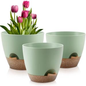 QRRICA Plant Pots 10/9/8 Inch Self Watering Pots, Set of 3 Plastic Planters with Drainage Holes and Saucers,Plastic Flower Pots,Nursery Planting Pot for Indoor Out Door Plants, Green
