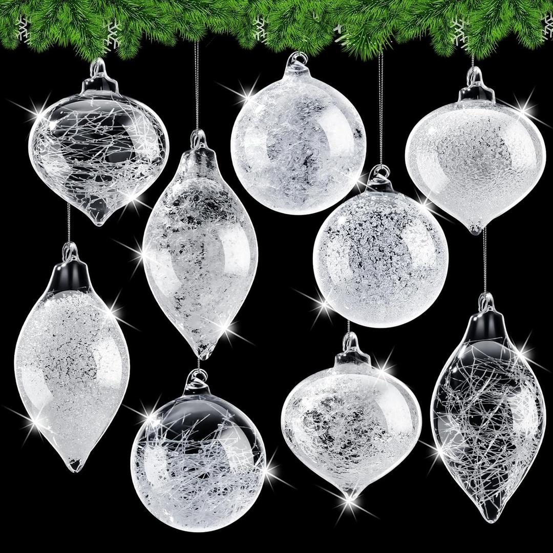 Syhood 9 Pcs Clear Glass Christmas Ornaments Ball Blown Clear Glass Ball Ornaments Christmas Tree Hanging Decorations with Finial for Xmas Tree Holiday Gift Home Winter