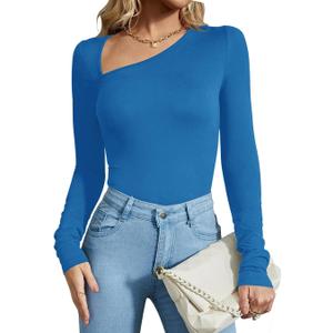 REORIA Women's Classy Asymmetrical Neck Long Sleeve Ribbed Slimming Thong Bodysuit Tops Small