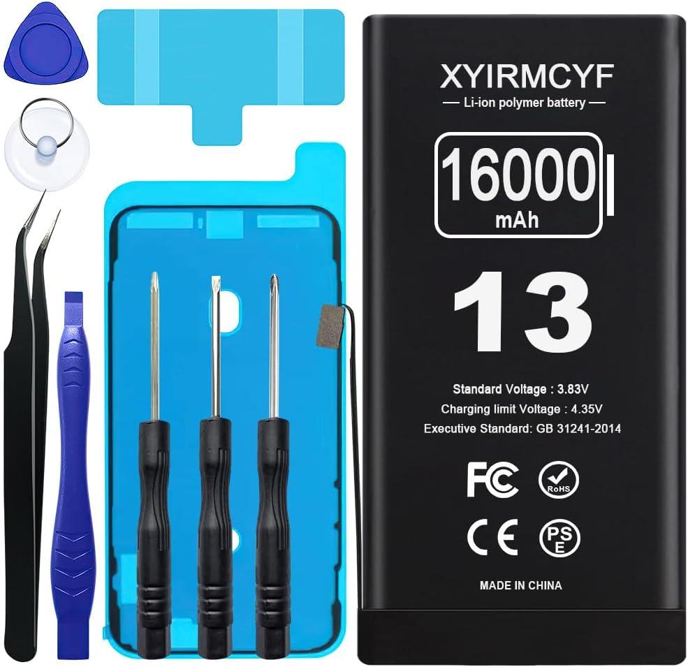 16000mAh Super Capacity Battery Compatible with iPhone 13, 0 Cycle Li-Polymer Replacement Battery for iPhone 13, with Professional Repair Tool Kit (13-16000)