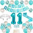 Trgowaul 11th Birthday Decorations for Girls, Banner, 11 Years Old Sash and Crown, Cake Topper, 11 Number Balloon, Teal Blue 11th Birthday Party Supplies