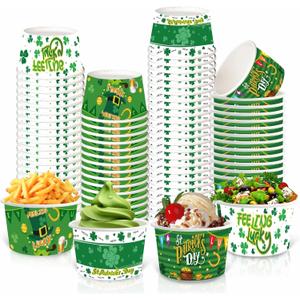 60PCS St Patrick's Day Paper Ice Cream Cups 8oz Treat Snack Cups Disposable Soup Bowls Green Shamrock Dessert Bowls for Hot Cold Food Irish St. Patrick's Day Party Supplies