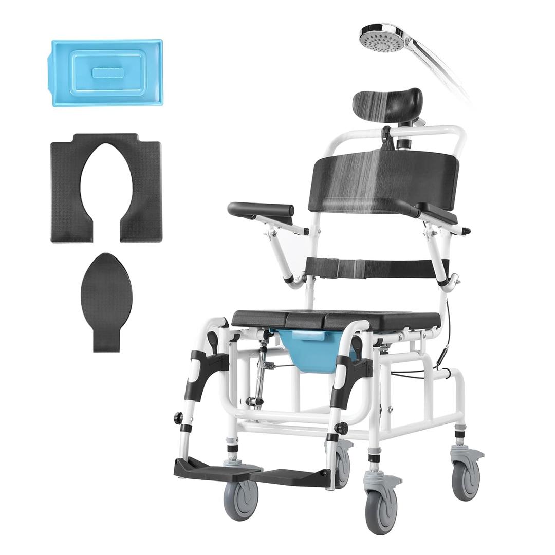 VEVOR Shower Wheelchair, 17.5in Width Aluminum Alloy Bathroom Wheelchair for Inside Shower, Adjustable Rolling Shower Chair w/Brake for Disabled Adult, 300 lbs Capacity Shower Transport Chair