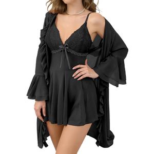 FEOYA Women Lingerie Set 2 Piece Lace Mesh Sleepwear Mesh Cami Nightgown Lingerie Set (X-Large, Black)