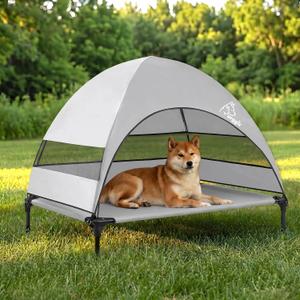 Upgraded Elevated Dog Bed with Canopy, Portable Raised Outdoor Dog Bed with Stable Anti-Slip Feet, Removable Wider Shade, Raised Dogs Cot for Large Pets Camping, Indoor & Outdoor Use, Grey 42.0"L x 30.0"W x 33.0"Th