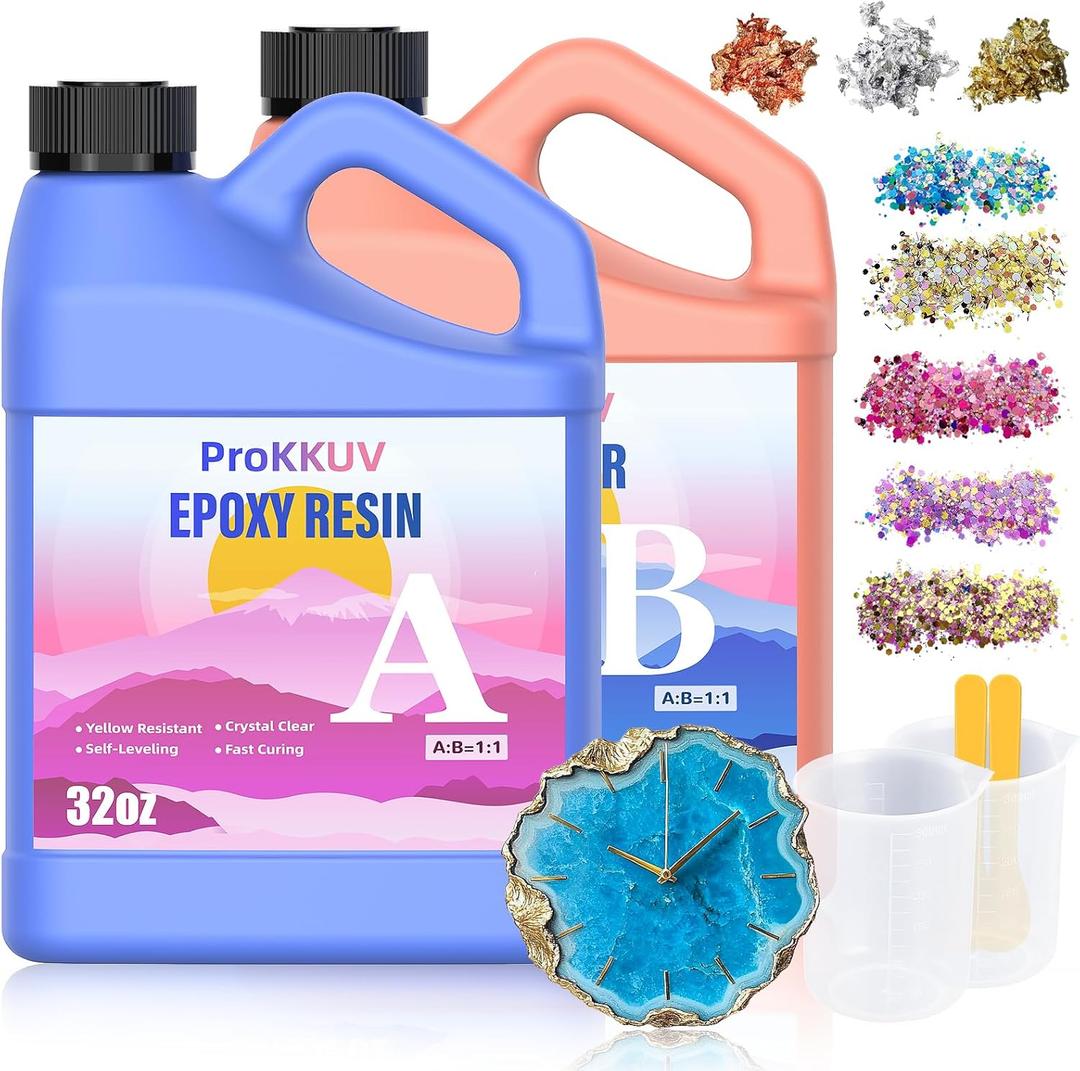 Epoxy Resin Kit, 64OZ Kit Crystal Clear Resin Epoxy, Bubble Free, No Yellowing, UV Resistant, Food Safe with Foil Flakes, Sequin, Easy Mix 1:1 for DIY Crafts Jewelry Making(32OZ x 2)
