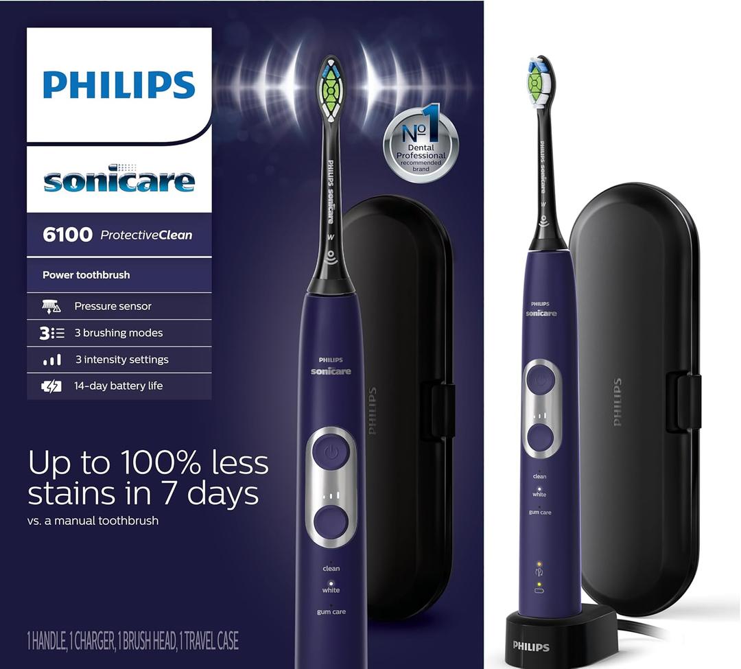 Philips Sonicare ProtectiveClean 6100 Rechargeable Electric Toothbrush, with Pressure Sensor, 3 Cleaning Modes, SmarTimer and QuadPacer, 14-Day Battery Life, Travel Case, Deep Purple, Model HX6471/03