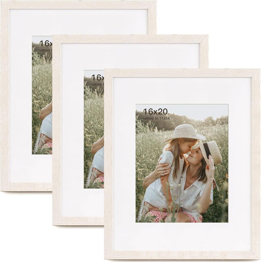 16x20 Picture Frame with Mat for 11x14 Set of 3, Rustic White Wood Grain 16x20 Frames for Wall Mounting (3 Pack, White)