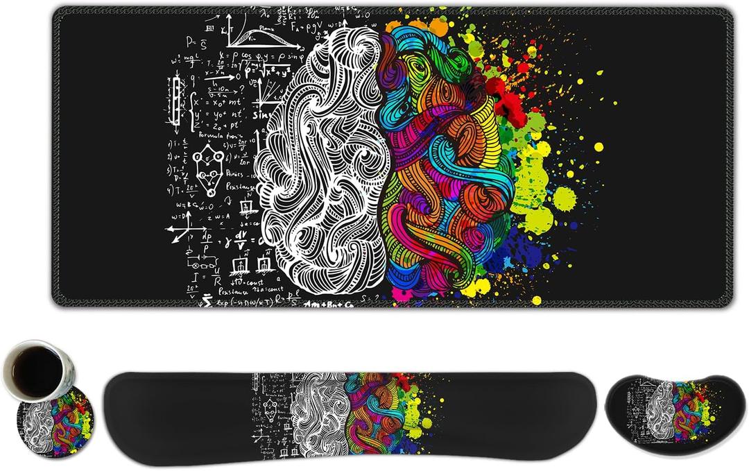 ToLuLu Extended Gaming Mouse Pad, Memory Foam Ergonomic Keyboard Mouse Wrist Rest Support Set, Large Desk Mat with Stitched Edges, Non-Slip Base Mousepad for Home Office Game, Left & Right Brain