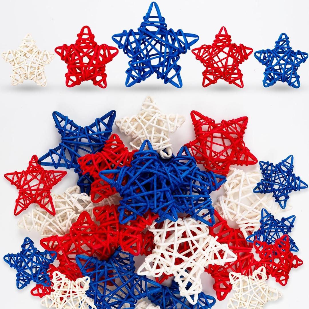 18pcs 4th of July Star Rattan Decoration Red Blue White Stars for Patriotic Decorations Home Decor DIY Craft Vase Bowl Filler Table Decoration