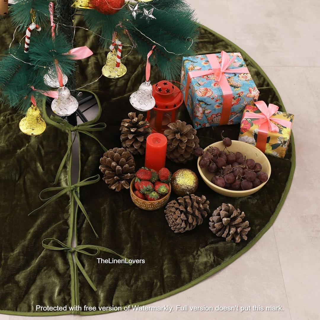 Labhanshi Moss Green 48 Inch Velvet Christmas Tree Skirt, Boho Xmas Tree Mat for Holiday Farmhouse Decorations, Rustic Luxury Tree Skirt