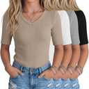 LessonZoo 4 Pack Teen Girls T Shirts Kids Summer V Neck Tops Ribbed Basic Cute Tees Short Sleeve Clothes for Tween 5-14 Years(Khaki, White, Gray, Black,11-12 Years)