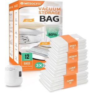 12 Pack Vacuum Storage Bags with Electric Pump, (3 Small, 3 Medium, 3 Large, 3 Jumbo) Vacuum Seal Bags for Clothing, Space Saver Bags for Travel, Luggage Compression Packing