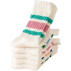 DarkCom Striped Crew Socks 5 Pairs Seamless Toe for Men and Women, Color of Light Cream, Casual Comfort (Medium)
