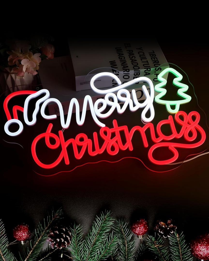 Merry Christmas Neon Sign, Christmas Tree Neon Light for Wall Decor, USB Powered & Dimmable for Home, Office, Xmas Party Indoor Decoration (16.9x10.2 Inch)
