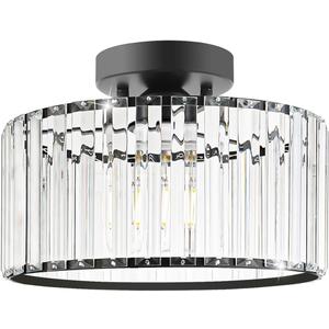 Crystal Ceiling Light Fixture, Modern Semi Flush Mount Ceiling Light, Black Close To Ceiling Light Fixtures, Crystal Chandelier Entryway Light, 11in Chandelier for Bedroom Porch Kitchen Living Room, Black 