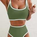 Lovekider Girls Swimsuits 2 Piece Athletic Bathing Suit Set Teen Color Block Ribbed Bikini with Adjustable Straps (Olive Green), 11-12 Years 