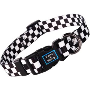 Roses&Poetry Dog Collar with Colourful Patterns, Adjustable Durable Puppy Collars for Small Medium Large Dogs (Black & White-L) (Checkered)