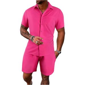 GORGLITTER Men's 2 Piece Outfits Short Sleeve Pocket Button Down Shirt and Drawstring Shorts Set (X-Large)