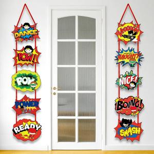 Superhero Cartoon-Themed Party DecorationsLarge Hero Action Sign Cutouts,Fun Comic Style Banner & Door Hanger Decor 10 Count for Birthday,Baby Shower,Back to School,Classroom and Porch Decorations