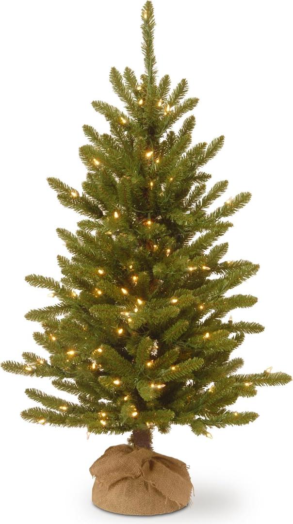 National Tree Company 4 ft Pre-Lit Kensington Mini Artificial Christmas Tree, 150 Clear Lights, 284 Tips, Burlap Base, Green