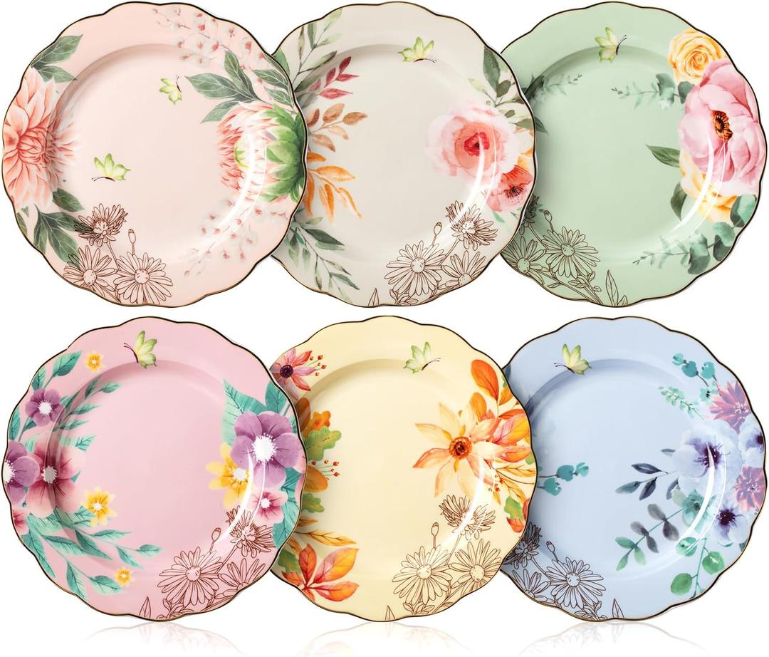 BTaT- Porcelain Floral Plates, 8 inch, Set of 6, Royal Dessert Plates, Appetizer Plates, Floral Plates, Salad Plates, Small Plates, Small Plates Set, Small Dishes, Dinnerware, Mothers Day Gift