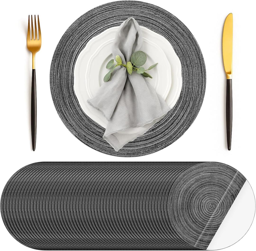 Geosar 100 Pcs Disposable Paper Placemats Cotton Woven Look 13'' Round Placemats Rustic Disposable Table Pads Bulk for Dining Table Decoration Birthday Wedding Bridal Baby Shower Party (Black)