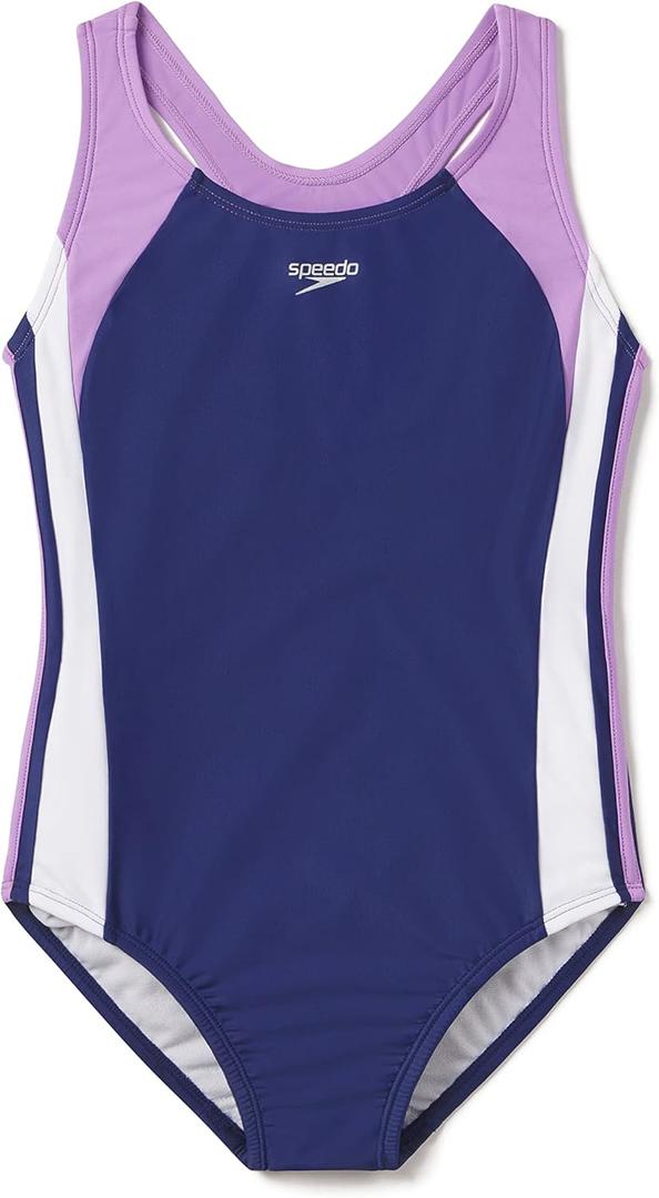 Speedo Girl's Swimsuit One Piece Mesh Splice Thick Strap (14, 2023 Sweet Taro)