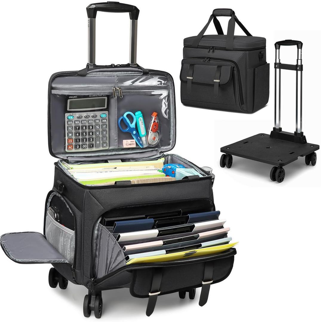 RUCYEN Rolling Teacher Tote Bag for Women Men, Large Tote Bag With Detachable Wheels Trolley,15.6 Inch Laptop Wheeled Teacher Bag for Work Office, Black