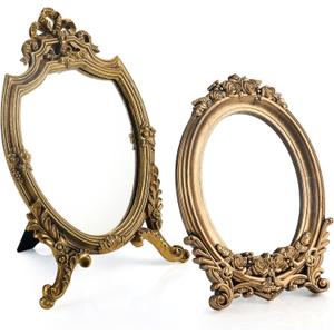 2 Pcs Small Gold Vintage Mirror Antique Vanity Makeup Desk Mirror Traditional Arch Tabletop Mirrors with Stand Baroque Decorative Wall Art for Living Room Bedroom Dresser Decor
