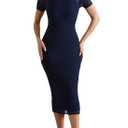 Women's Casual Mesh Elastic Double Layer Mock Neck Short Sleeve Keyhole Back Slit Midi Bodycon Dress Dark Blue (Purple, XXL)