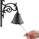 Decorative Iron Wall Mounted Bell with Rope Pull, Rustic Dinner Bell for Ship School Reception Church,Manually Shaking Doorbell for Outside Porch Garden,Black